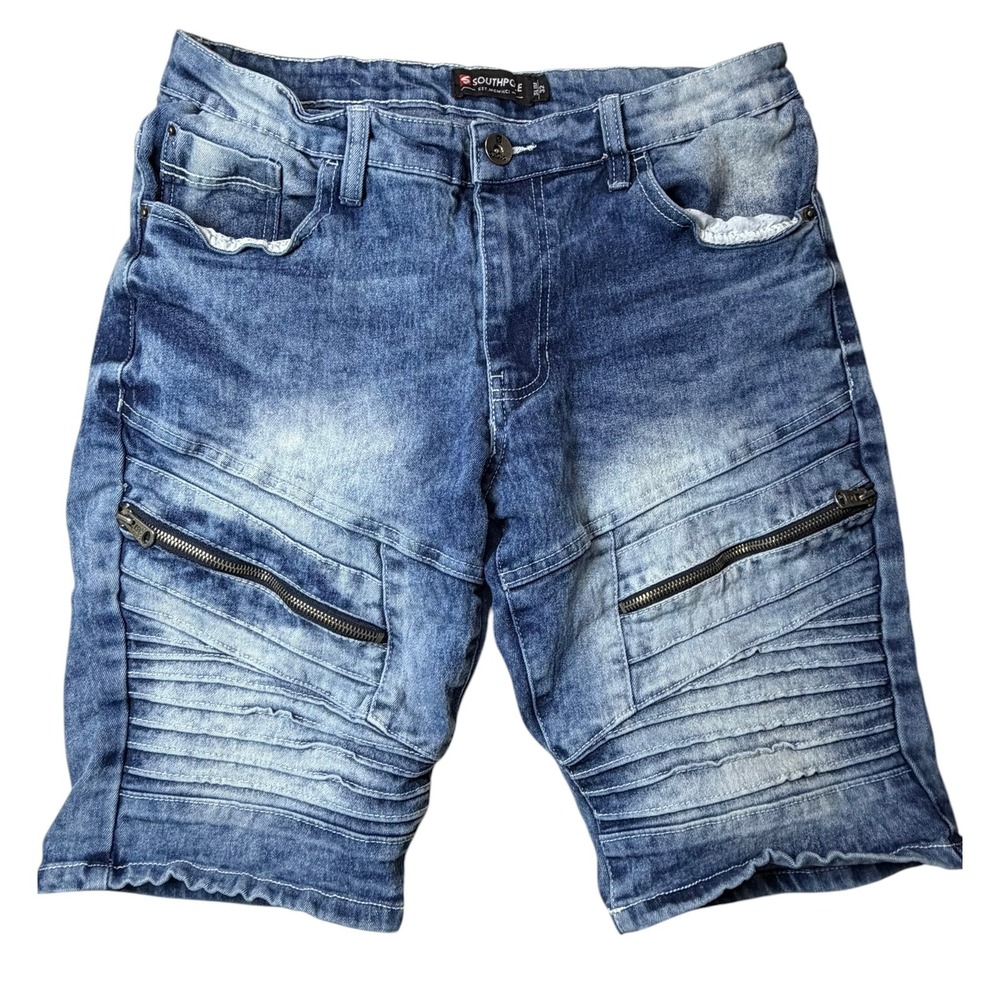 Southpole Mens Biker Denim Shorts Blue Acid Wash Moto Slim‎ Fit Size 32 Zippers